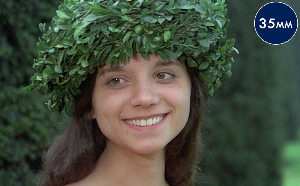 A smiling woman wears a garland made of green leaves.