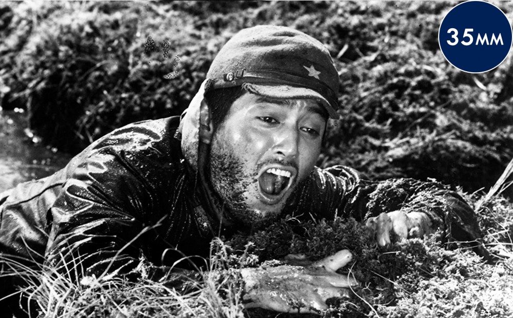 Actor Tatsuya Nakadai cries out and digs his fingers into the ground.