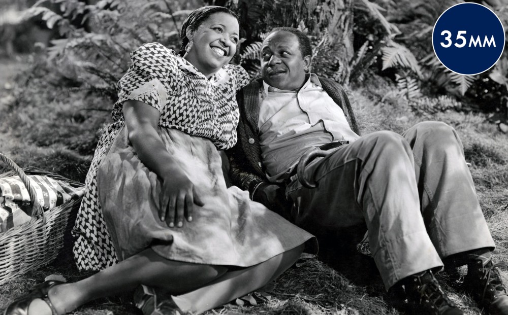 A man and woman recline on the grass by a tree, with a picnic basket beside them.