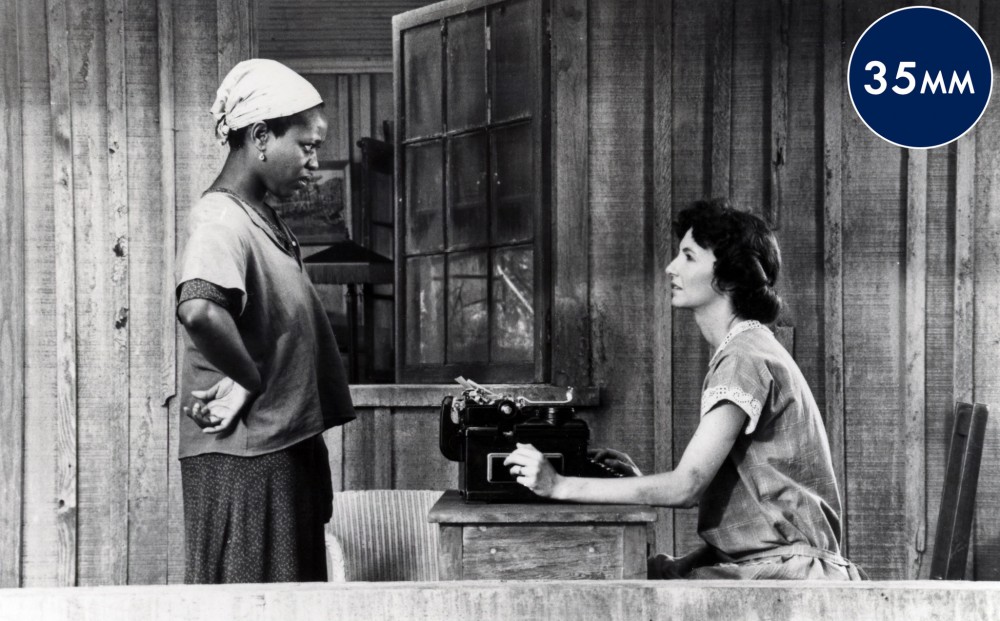 One woman stands and looks at another, who is seated a typewriter.