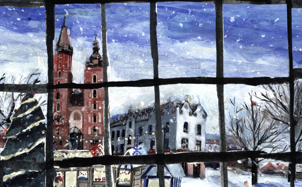 An illustrated scene of a snowy landscape of buildings viewed through a window.