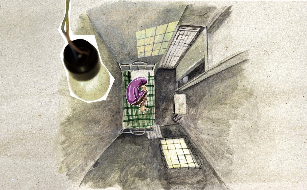An illustrated scene of a figure curled up on a bed in a small cell, viewed from above, with a light bulb hanging in the foreground.