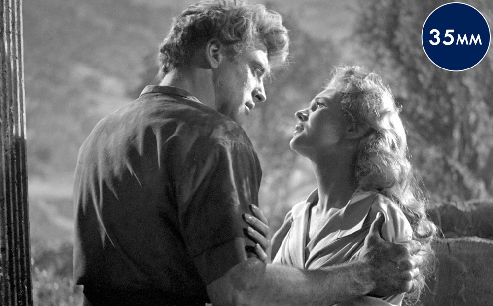 Actors Burt Lancaster and Virginia Mayo hold each others' arms.