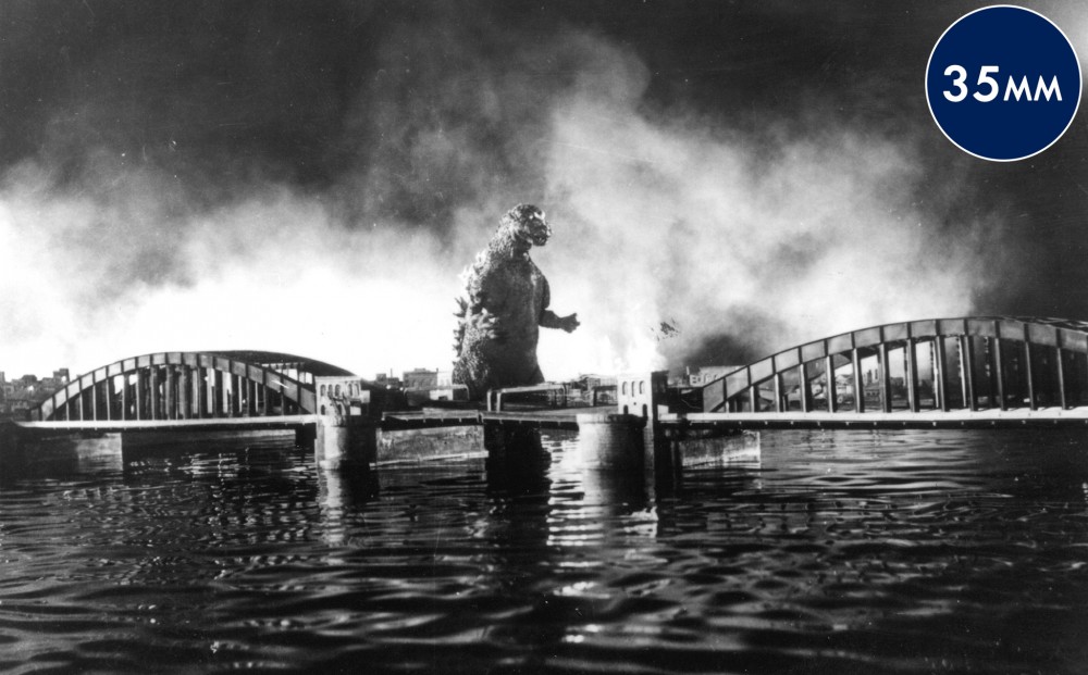 Godzilla walks in a river; a bridge is small by comparison.