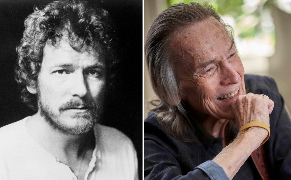 A black and white image of Gordon Lightfoot as a younger man, next to a recent photograph of him.