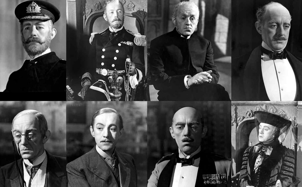 A photograph divided into eight parts - portraits of each of the eight characters played by Alec Guinness in the film.