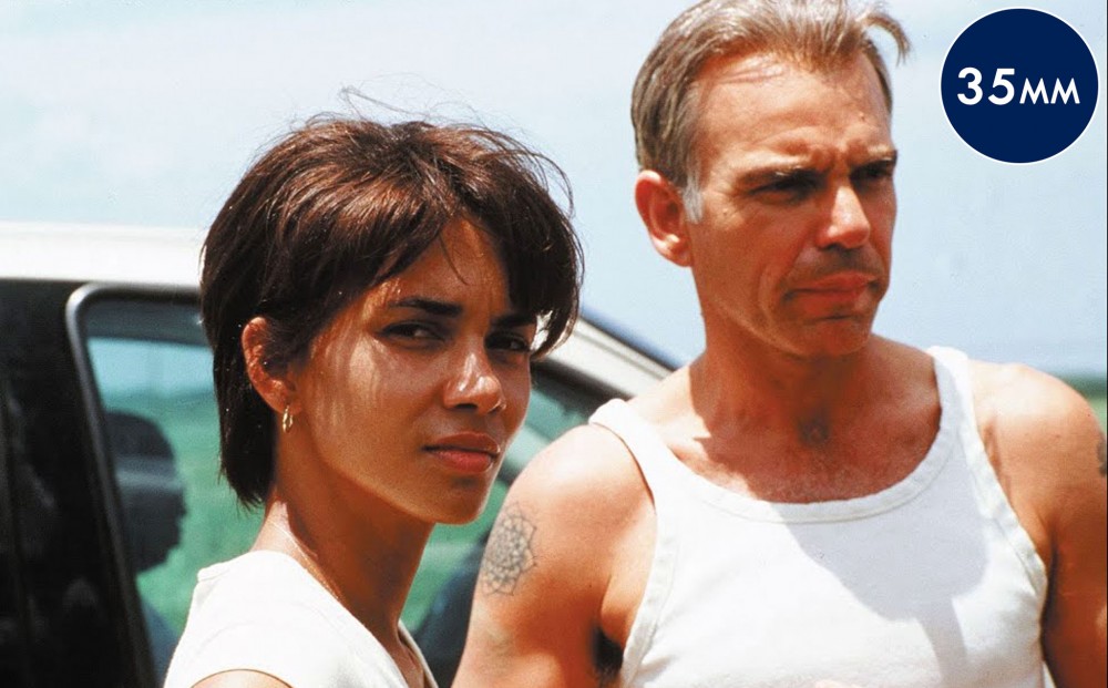 Halle Berry and Billy Bob Thornton stand next to each other by a car; they look in different directions.
