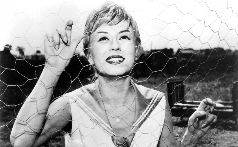 Cabiria grasps a chicken-wire fence, and looks hopefully upwards.