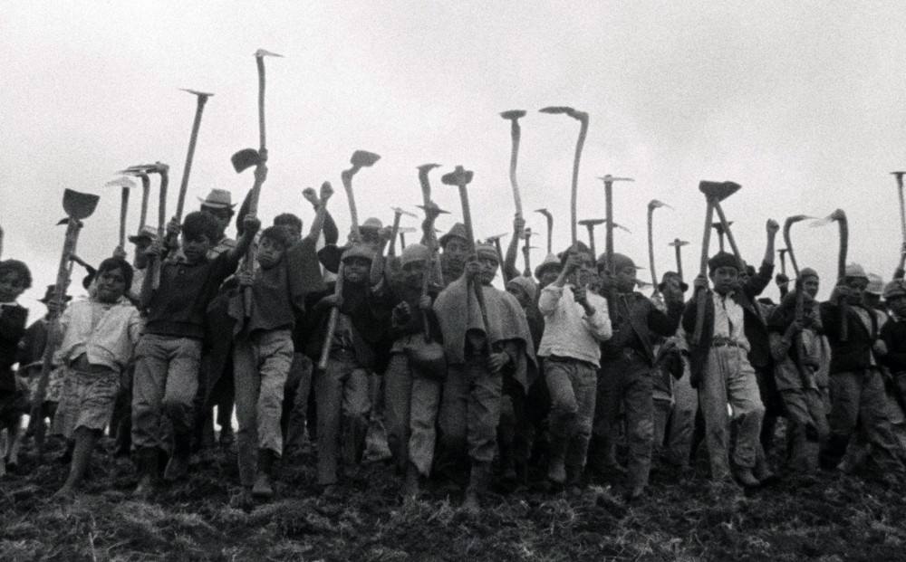 From OUR VOICE OF EARTH, MEMORY AND FUTURE - a large group of indigenous people hold up hoes.