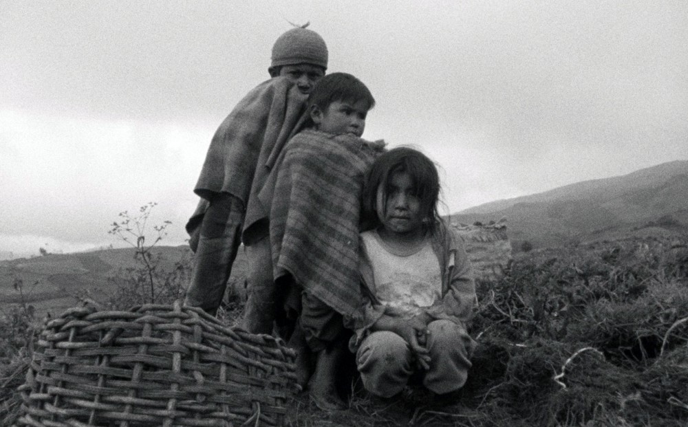 From OUR VOICE OF EARTH, MEMORY AND FUTURE - three indigenous children sit in a field.