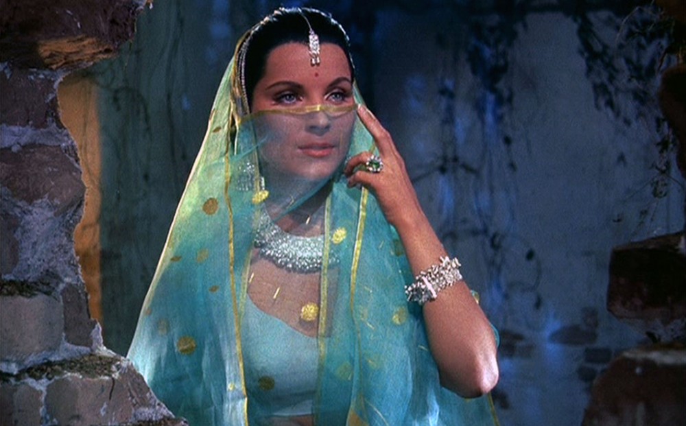 From THE TIGER OF ESCHNAPUR: Actor Debra Paget wears a turquoise sari.